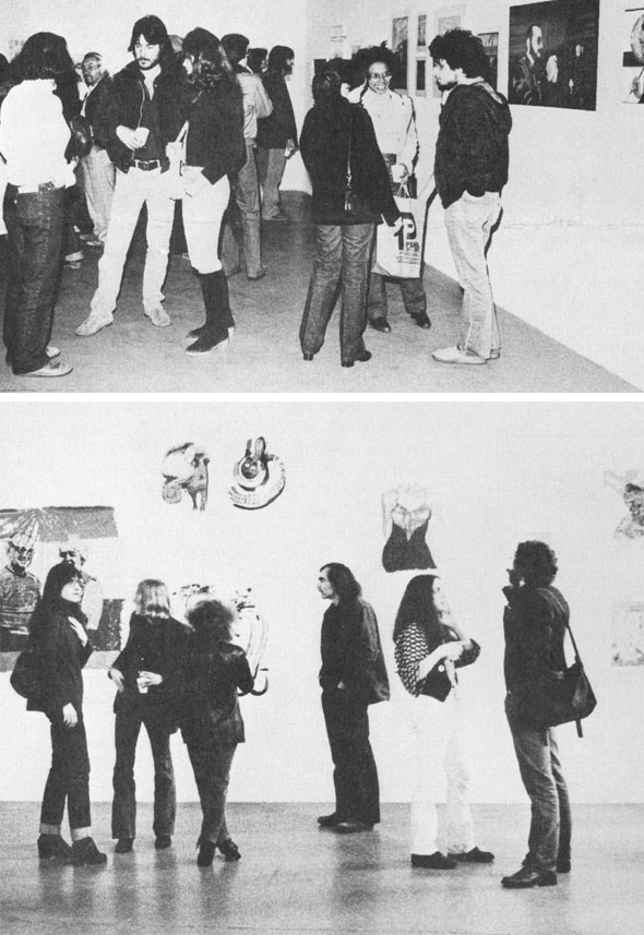 Black and white photograph of a crowd inside SVA's Tribeca gallery