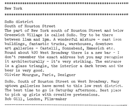 Column about places to visit in SoHo, contributors are Olivier Mourgue and Bob Gill 