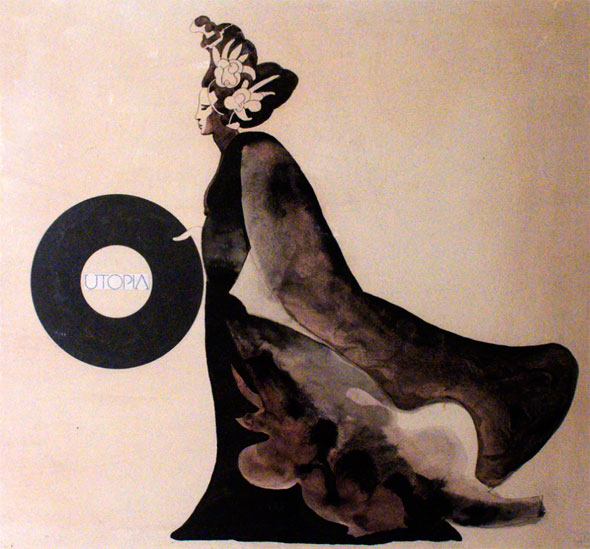 Black and white ink illustration of a woman with an elaborate hairstyle with flowers and a flowing black dress and cape, she's holding a record that is labeled "Utopia"