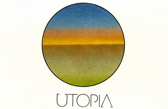 Delicate text (UTOPIA) underneath a circle containing blue, yellow and green watercolor gradient, it resembles a sunset/sunrise