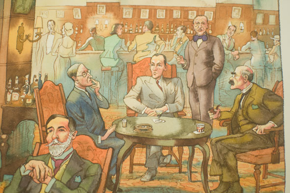 A photo of a watercolor illustration. It's in bar, filled with mostly men in suites. In the middle, is a table of sophisticated men drinking and smoking. In the background is the bar, men are hunched over drinking. Two are accompanied by women.  The bar is mostly a brow-orange hue with hints of blue and green.