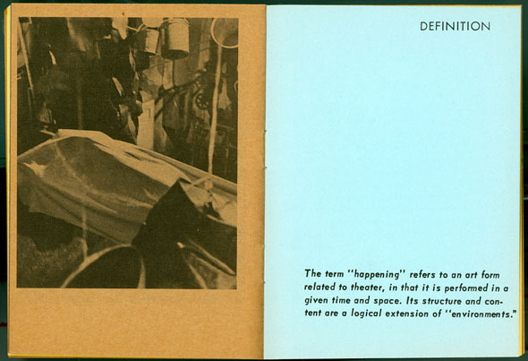Spread: left side is yellow with black and white photo of a collection of objects in an unknown structure, right side is light blue with text