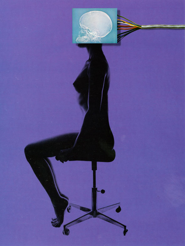 Black and purple photograph of a nude woman sitting on a chair getting her head x-rayed, showing a blue skull