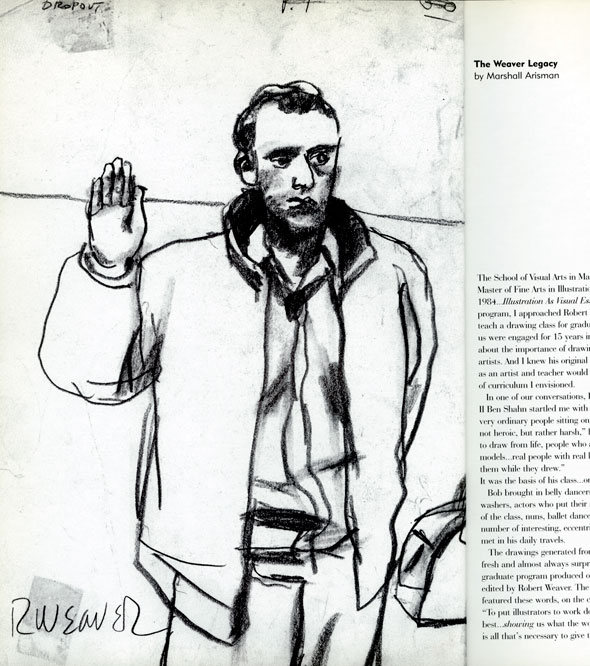 Black and white charcoal illustration of a young man raising his hand
