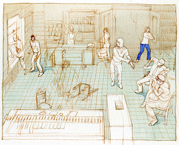 A sketch of a crime scene, two characters attempting to escape via window, and some light washes of color.