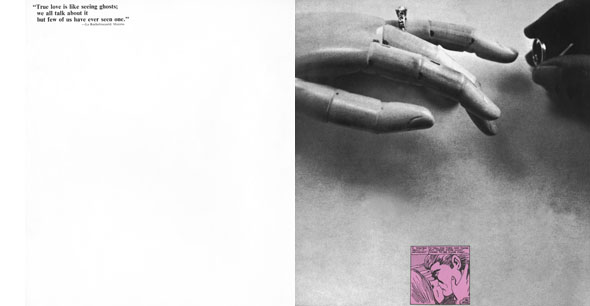 Black and white magazine spread; left page contains text, right is a photograph of someone putting a ring on a mannequin's finger