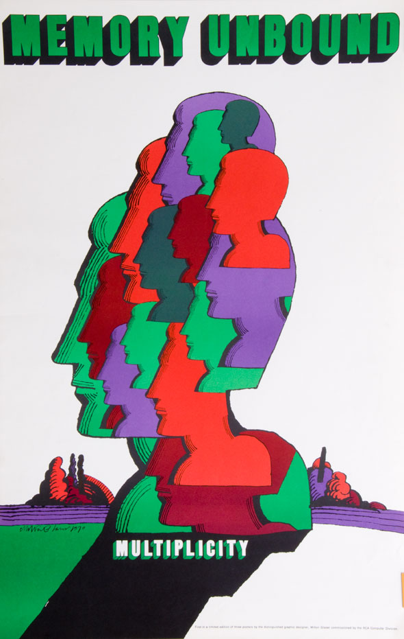 Green, red and purple illustration of a head's profile made up of identical, smaller profiles; bottom text reads 'multiplicity'