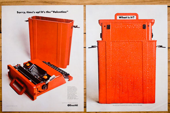 Posters of a photo of a red typewriter The first is the typewriter in it's case with a black small text above it reading, "What is it?" In the following poster the red typewriter is positioned near its matching carrying case against a seamless white background. Above there is a black bold text reading,"Sorry, time's up! It's the "Valentine"