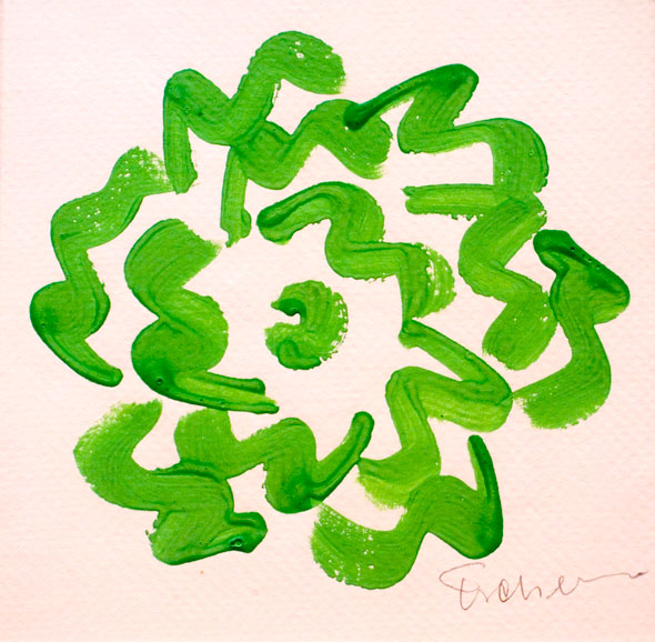 Closeup of the original SVA flower logo, painted in green broad brushstrokes