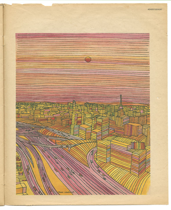 Colorful illustration of a cityscape viewed from above, and rendered with strips of color
