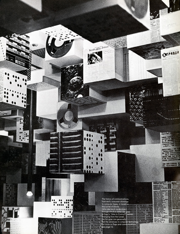 An image of an assemble of cubes in various sizes. A variation of images, patterns, and articles are printed on the cube's sides. 