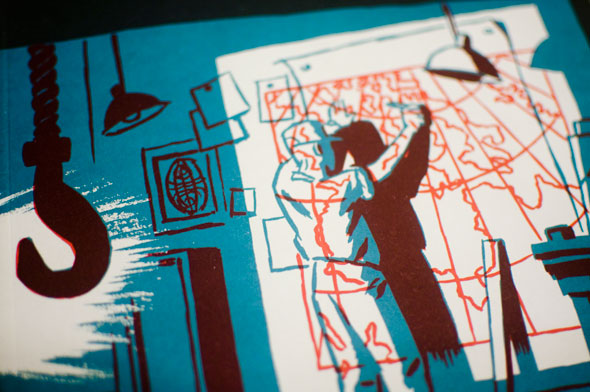 White, orange and teal illustration of a man drawing a map from a projection on the wall. 