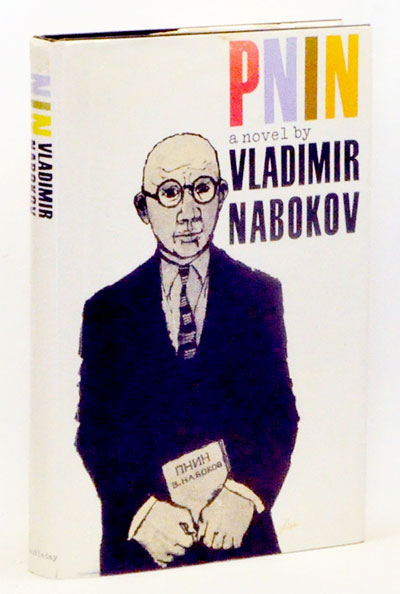 A book cover titled "Pnin, a novel by Vladimir Nabokov", and a drawing of a bald man with round glasses, holding a book.
