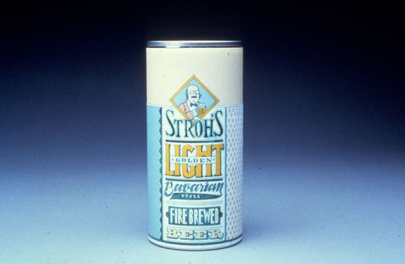 A photo of a small beer can. One fourth of the can, the top, is a very light yellow plain color. In the middle, overlapping the plain color background is a drawing of an old man hold a glass of beer in a blue diamond with a golden yellow border. Underneath the old man is "Stroh's Golden Light Bavrian style Fire Brewed Beer" Each word is in a different font and font size . Each words except the word "Light" which is a golden yellow color, has a blue color scheme. The words is within a light yellow strip of background. Next to this strip on the left is a baby blue strip of color and on the right is a strip of a white background with baby blue polka-dots.