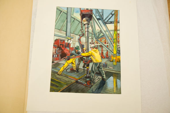 A photo of a watercolor illustration. Its two men working in an industrial metal shop. The colors are vibrant, the yellow of the men's jacket and pants, and the bright rusty red of the machine pop. Everything else is a pastel green or blue.
