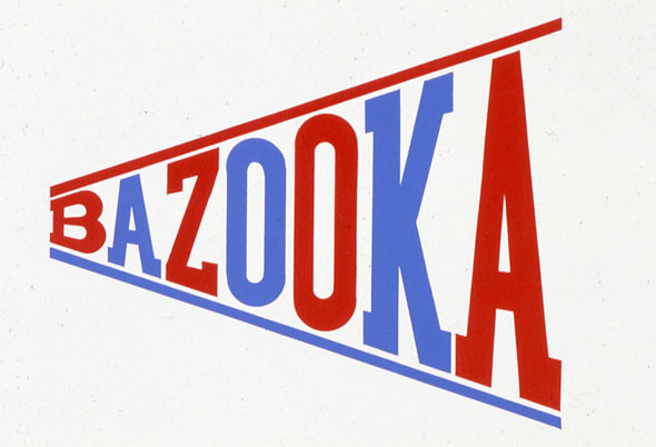 A design for  the logo "Bazooka". The color of the letters are a red-blue pattern and has a red line above it and a blue line below. "Bazooka" is squished at the beginning but stretched out gradually at the end, it looks like a horn. The text is bolded and thin. 