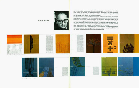 Grid of colorful images; one is a photograph of designer Saul Bass