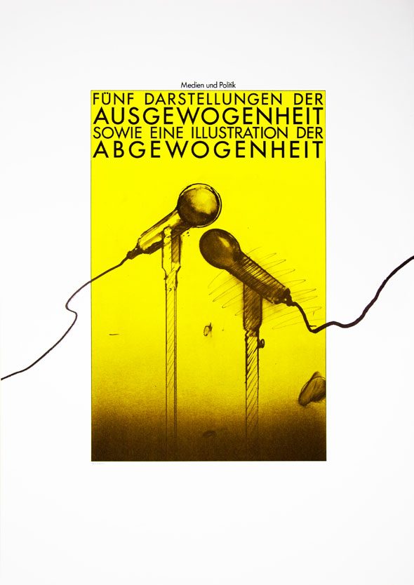Black yellow and white illustration of two microphones under text