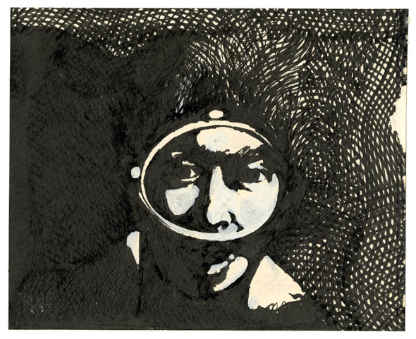 An etching of man underwater with a snorkeling eye gear. The etching is drawn with black ink. The detailed face and parts of the black water background is detailed with thin black lines.