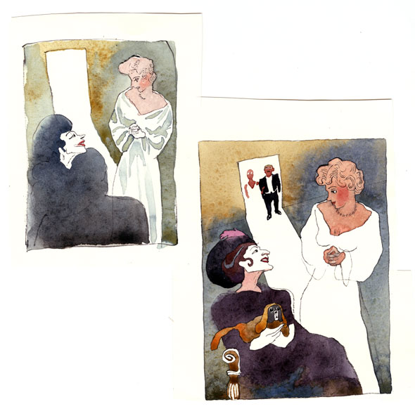 Sketch and finished watercolor painting of two women by a doorway; one is pale and old in fancy black clothing, seated, with a dog on her lap, the other is young with gold blonde hair and rosey cheeks standing, in a white dress, . A wedding couple is visible in the bright doorway in the background.