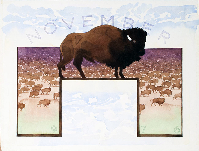 A November calendar illustration of a bison platformed on a large letter "N".