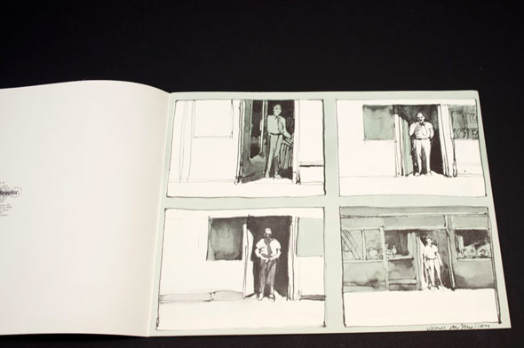 Four drawings of people looking outside from their shop and residence doorways.  