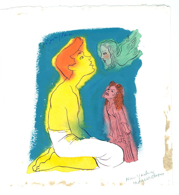 Wet on Wet, colorful watercolor painting of a kneeling man painted a bright yellow looking into the eyes of a woman painted teal with wings; a small, pink angry woman glares at him from below . They're on a empty blue background. 