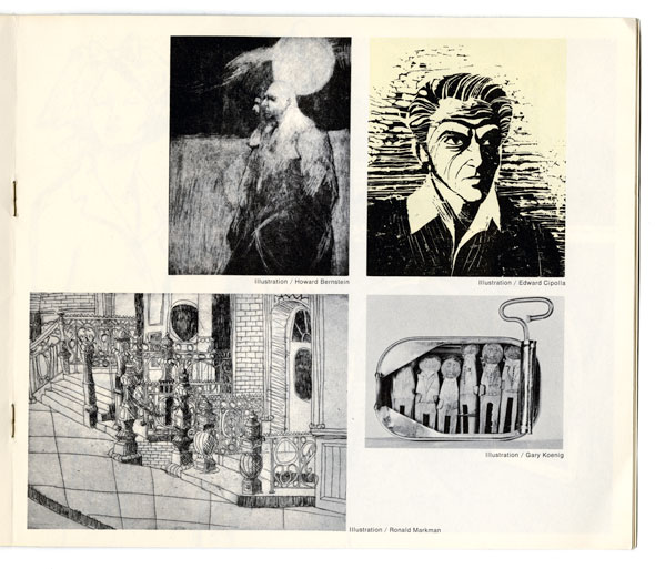 A photo of a page in a booklet.There are 4 black-and-white illustration made by students. Each one is a different style depicting different subjects. 