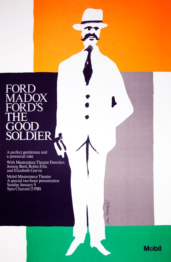 Stylized green, orange and purple illustration of a man in a suit with a mustache