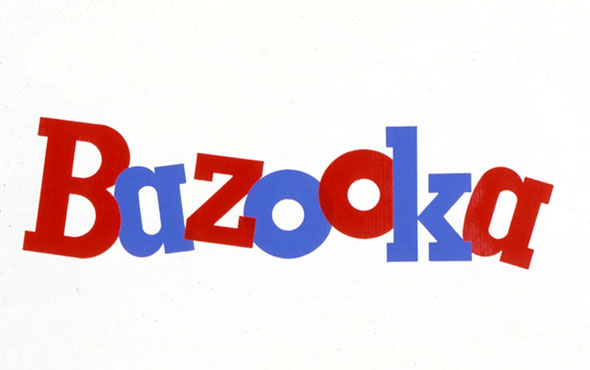 A design for  the logo "Bazooka". The color of the letters are a red-blue pattern. All letter are in the same bold thin big text but each letter is angled differently.The letter overlap each other but in a different pattern. 