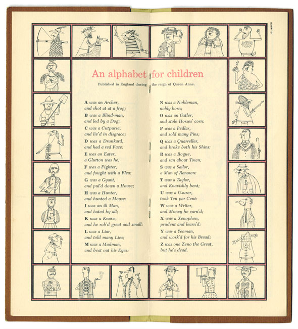 A 2-page spread.  Square ink illustration of different people from didn't background border the pages. In the middle of the illustration square is " An alphabet for children" which is printed in red formal text. Underneath is the alphabet written in small regular text.