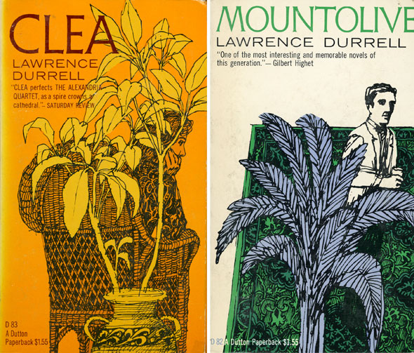 A scan of two book covers; "Clea" and "Mountolive". "Clea" has a sunny orange background that is also used to color the sketch of a woman sitting on a straw weaved chair, she is hunched over leaning on her hand. Covering her is potted plant that is colored with a light yellow. "Mountolive" has a white background with an sketchy drawing of a emerald green rug with a fancy man standing on top. He is half covered by a leafy plant/.