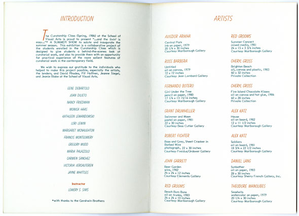 Spread containing column text and a list of artists in orange and blue ink against white