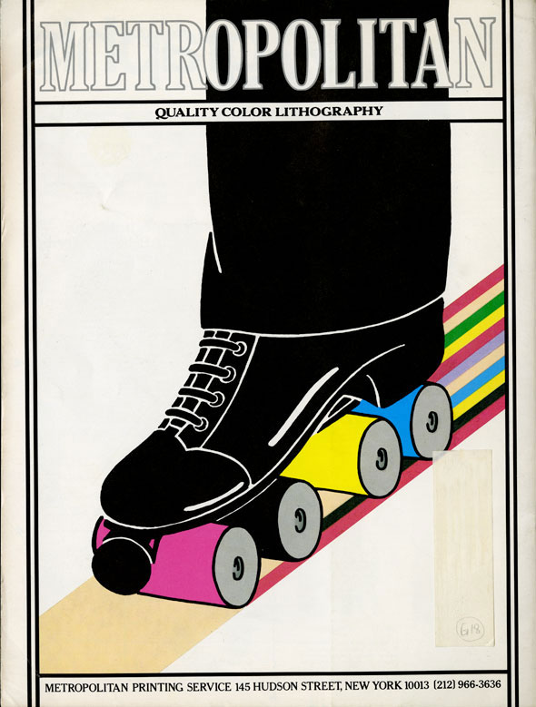A printed ad. "Metropolitan" is printed on the top with white with a grey outline thin text. Below is an illustration of a fancy shoe roller skating with rolls of paint as wheels. the rolls of paint are magenta, black, yellow, and blue. The roller skate leave a streak of different colored stripes on the beige floor. 