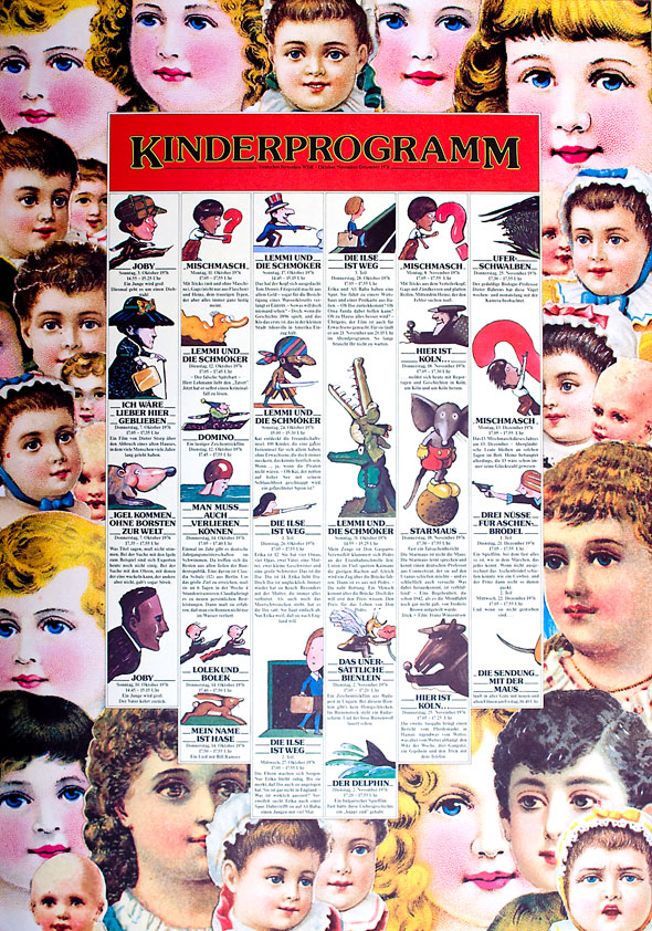 Color collage made out of illustrations of children's faces from the 19th and early 20th century around a box of text