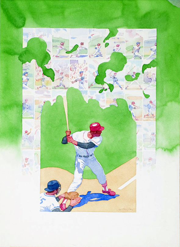 Watercolor poster of a baseball pitcher in a swinging position. Baseball bat trails into a coming-of-age sequence of a boy playing baseball.