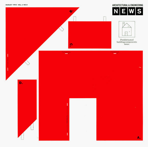 Geometric red shapes arranged as if to be cut out and assembled into a house