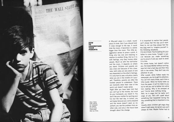 Magazine spread; left page is a black and white photo of a young boy looking into the camera, in front of his father reading a newspaper; right is an article titled “How to Understand Your Parents”