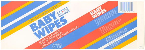 Red, yellow blue and white baby wipes package made of diagonal lines and text