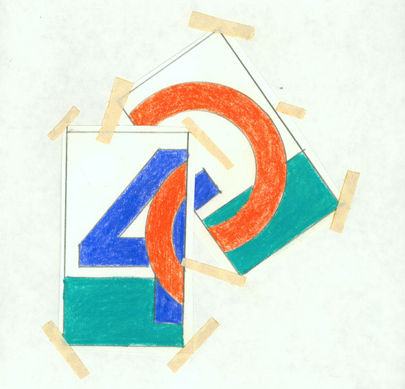 A photo of two sketches taped overlapping each other a bit. One sketch is the number 4 drawn big with a blue crazy and have a teal floor. There is the number 0 in red but is going off the page. The second sketch is rest of the number 0 on a teal floor. 