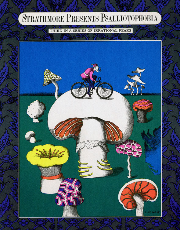 Illustrated poster of a man with a smoke-pipe, riding a bicycle on top of a large white mushroom. Varieties of mushrooms are spread across green flooring, and dark navy and green floral embroidery border the image. 