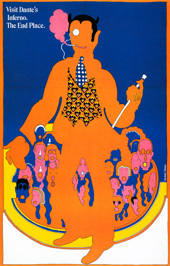 A graphic illustration of orange-red man with black hair that pokes out like horns. He is seating on a a pile of screaming men and women that are engulfed in fire. The man sitting is smiling and is smoking and is wearing a monocle. To the top right in white text it reads "Visit Dante's Inferno. The End Place."