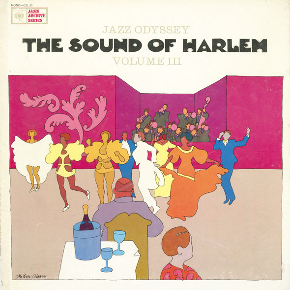 Colorful, geometric illustration of people dancing to a jazz band; a bottle of wine in a bucket next to two glasses is visible.