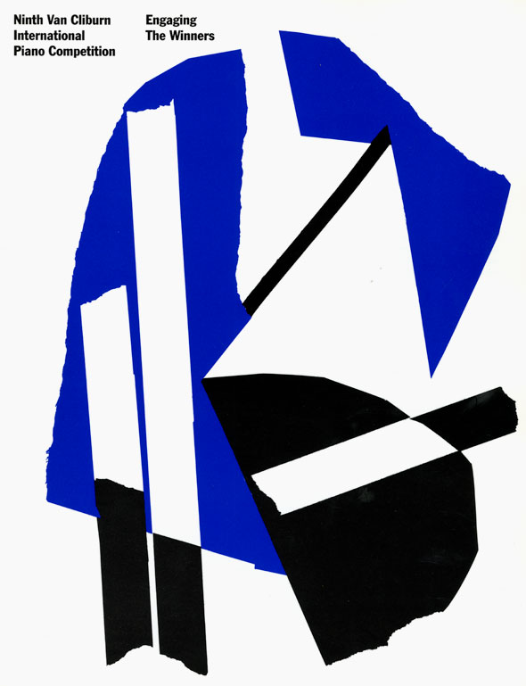 Graphic design of an abstract piano made with black, white and blue paper against a white background. At the top is "Ninth Van Cliburn International Piano Competition" in black bold text.