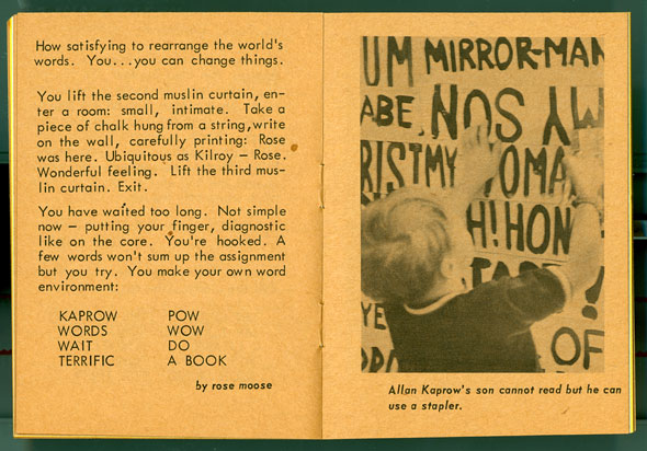 Yellow spread: left side is text, right side is photo in black and white of a young boy pressing his hands on painted words