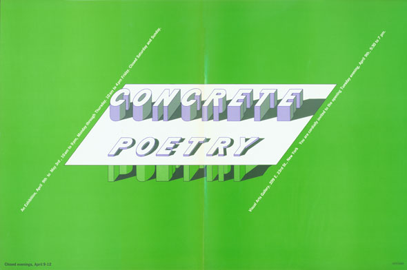 White illustration of three-dimensional text reading "Concrete poetry" on a flat surface against a green background
