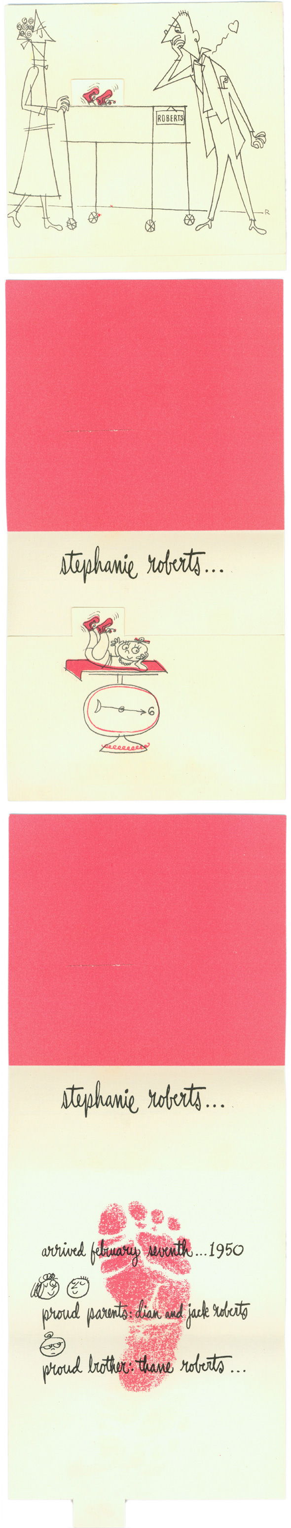 Primarily white, red and black birth announcement of a nurse wheeling a baby to her father; printed on a tri-fold, where the baby's feet, in red socks, are illustrated on a cutout tab that goes through the front flap