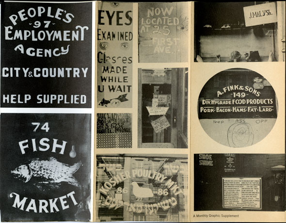 An image with a collection of signs. Includes one for a fish market, kosher poultry store, and an employment agency.
