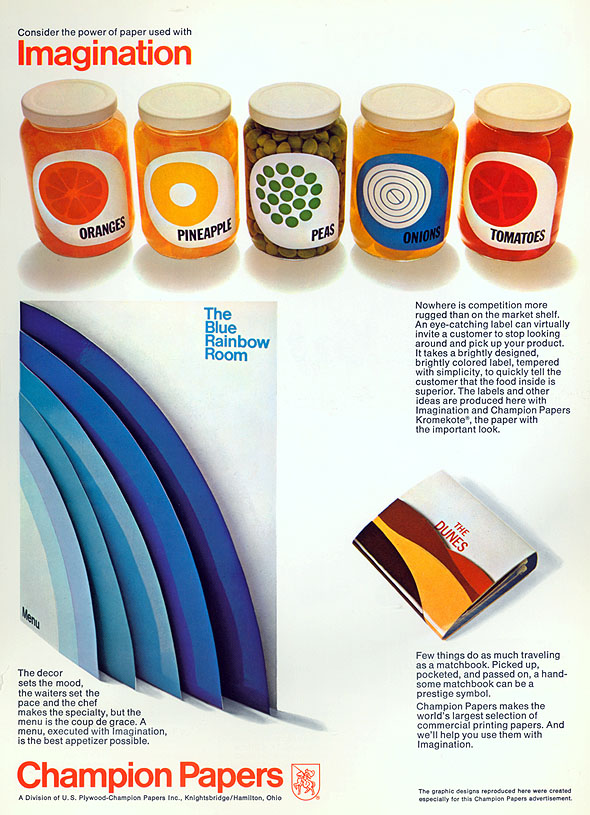 Arrangement of colorful paper materials (a menu, matchbook, and can labels)