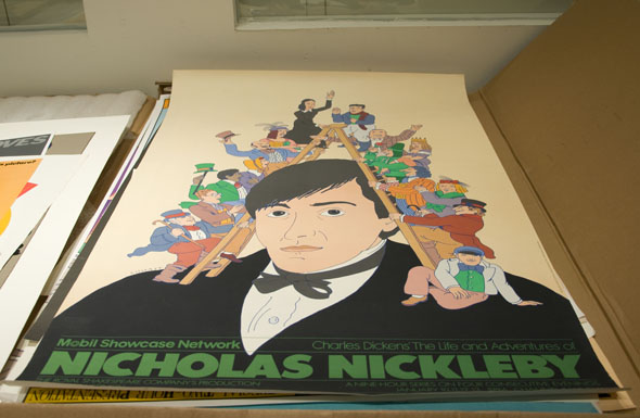 Colorful illustration of a man's portrait; a small ladder carrying small colorful characters is perched on his shoulders and over his head; text reads Charles Dickens' The Life and Adventures of Nicholas Nickleby